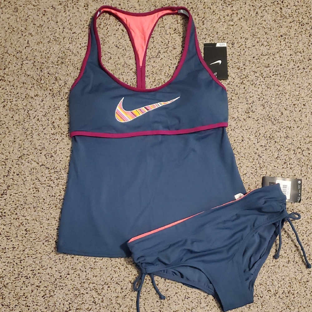 Nike Athletic Racerback Gray 2 Piece Set Swimsuit Tankini Top & Bikini Bottom